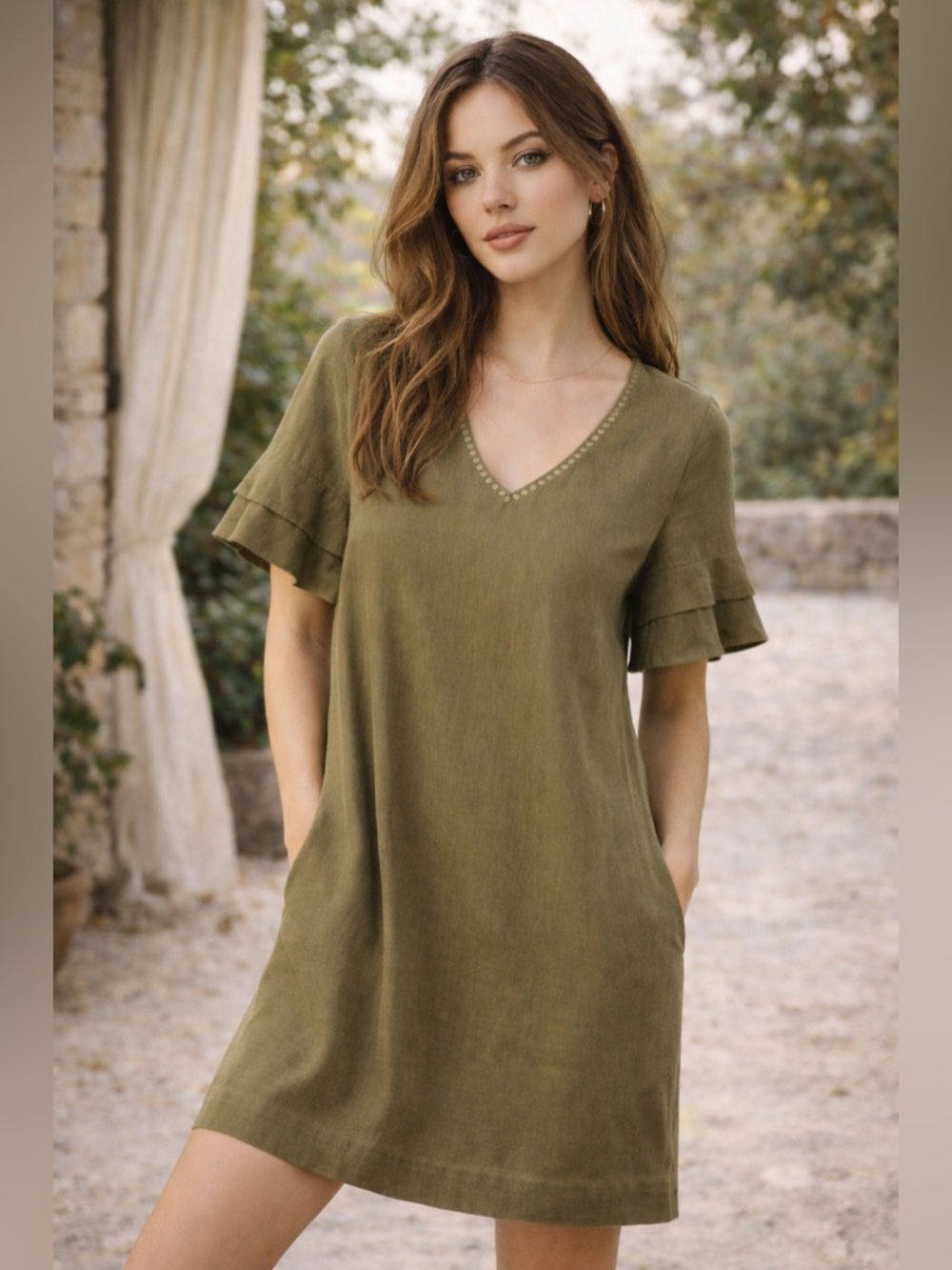 Tommy Bahama L Short Dress Olive Green w Flutter Sleeve